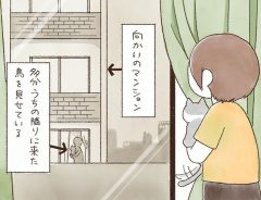 鳥を見せようと猫を抱えた飼い主　すると、向かいのマンションに人影が見えて…？